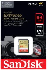 CARTÂO DE MEMORIA SD 64GB SANDISK  CLASSE 10 EXTREME 170 MB/S 4K