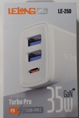 FONTE CARREGADOR PARA CELULAR 2 USB 1 TIPO C 35W GAN LELONG LE-250