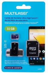 CARTAO DE MEMORIA MICRO SD 32GB MULTILASER CLASSE 10 C/ ADAPTADOR V8 E USB MC151